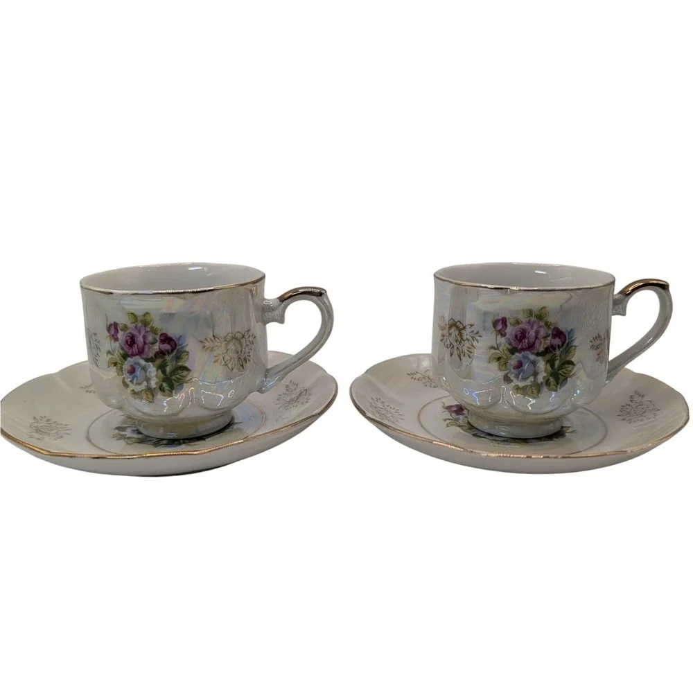 Vintage Seyei Fine China Demitasse Cups and Saucers Iridescent Floral Set of Two